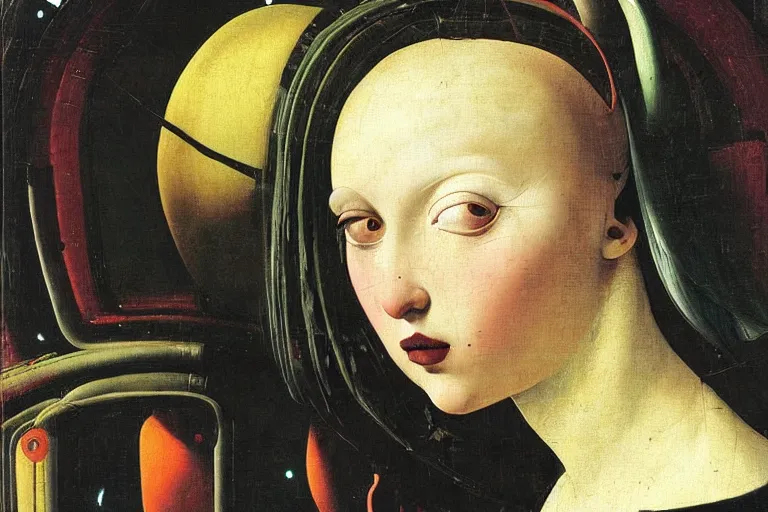 Prompt: close up portrait of a cute punk goth alien martian fashion girl in a fluorescent cyberpunk futuristic city, oil painting by canaletto hieronymus bosh leonardo da vinci piero della francesca botticelli