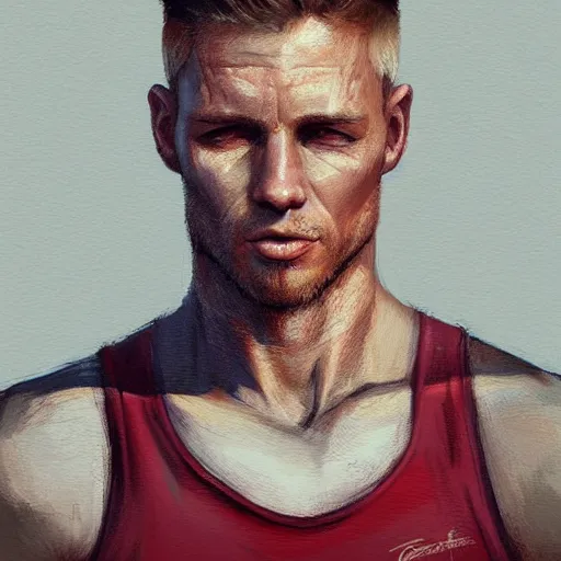 Image similar to Portrait of a man by Greg Rutkowski, he is about 30 years old, short blond hair, athletic and strong, straight jaw, wearing red tank top, older brother vibes, highly detailed portrait, digital painting, artstation, concept art, smooth, sharp foccus ilustration, Artstation HQ.