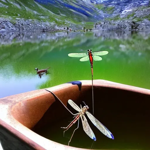 Image similar to dragonfly in a bathtub in the alps, goats!!!!!!!! in background