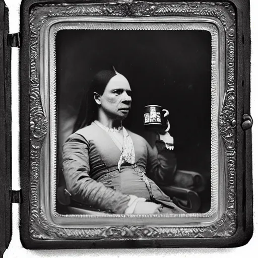 Image similar to tintype photo of ice - t, drinking iced tea, by julia margaret cameron 1 8 8 0 s, realistic, body shot, sharp focus, 8 k high definition, insanely detailed, intricate, elegant