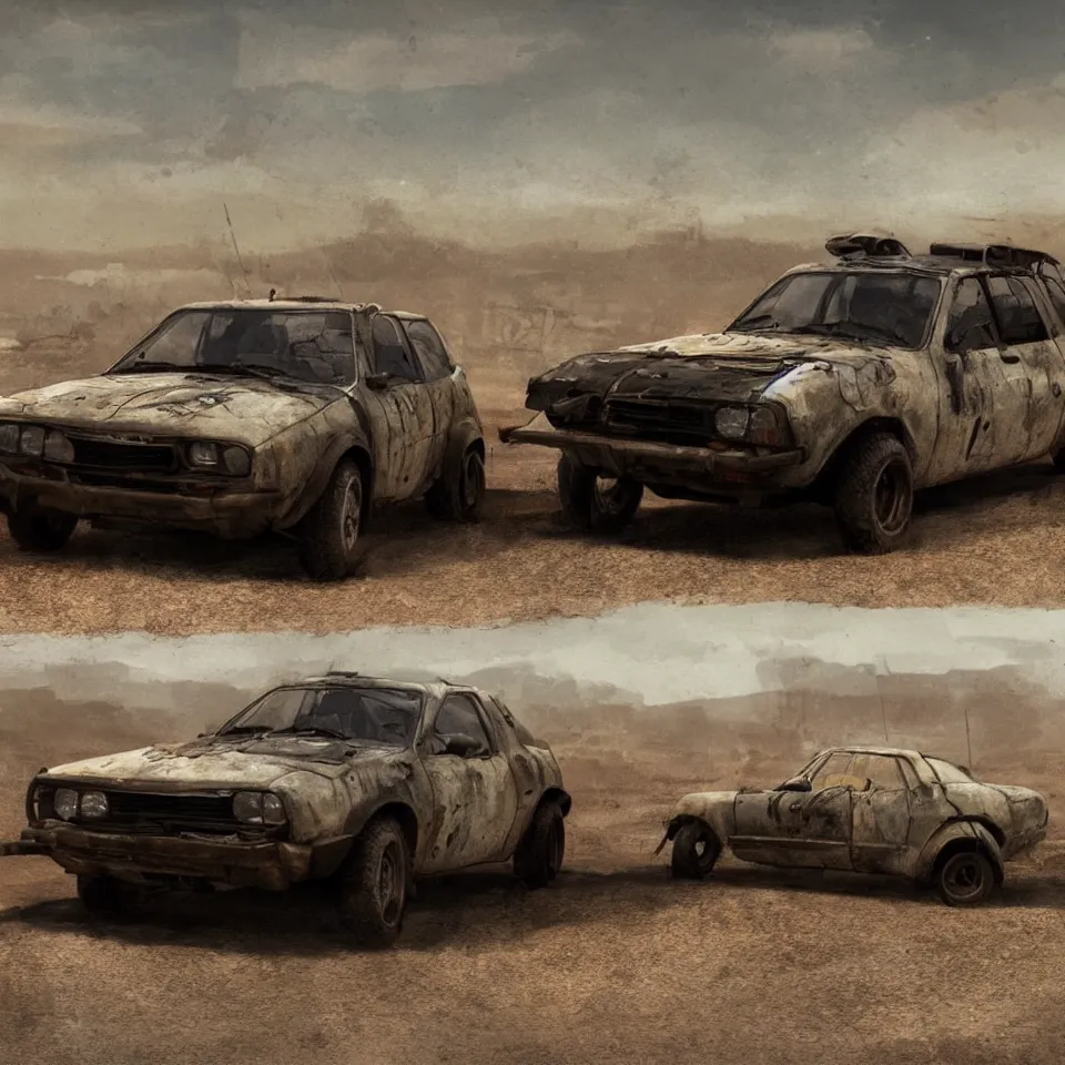Prompt: a lonely Dacia 1310 in Mad Max, artstation, concept art