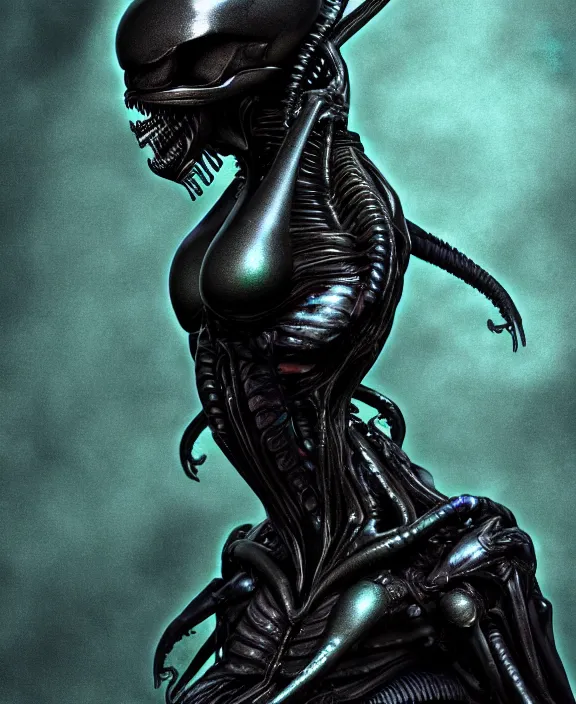 Image similar to xenomorph queen goth model hybrid, dragon eggs, dark emerald mist colors, giger background liminal void, cinematic lighting, realistic, award winning photograph, various refining methods, micro macro autofocus