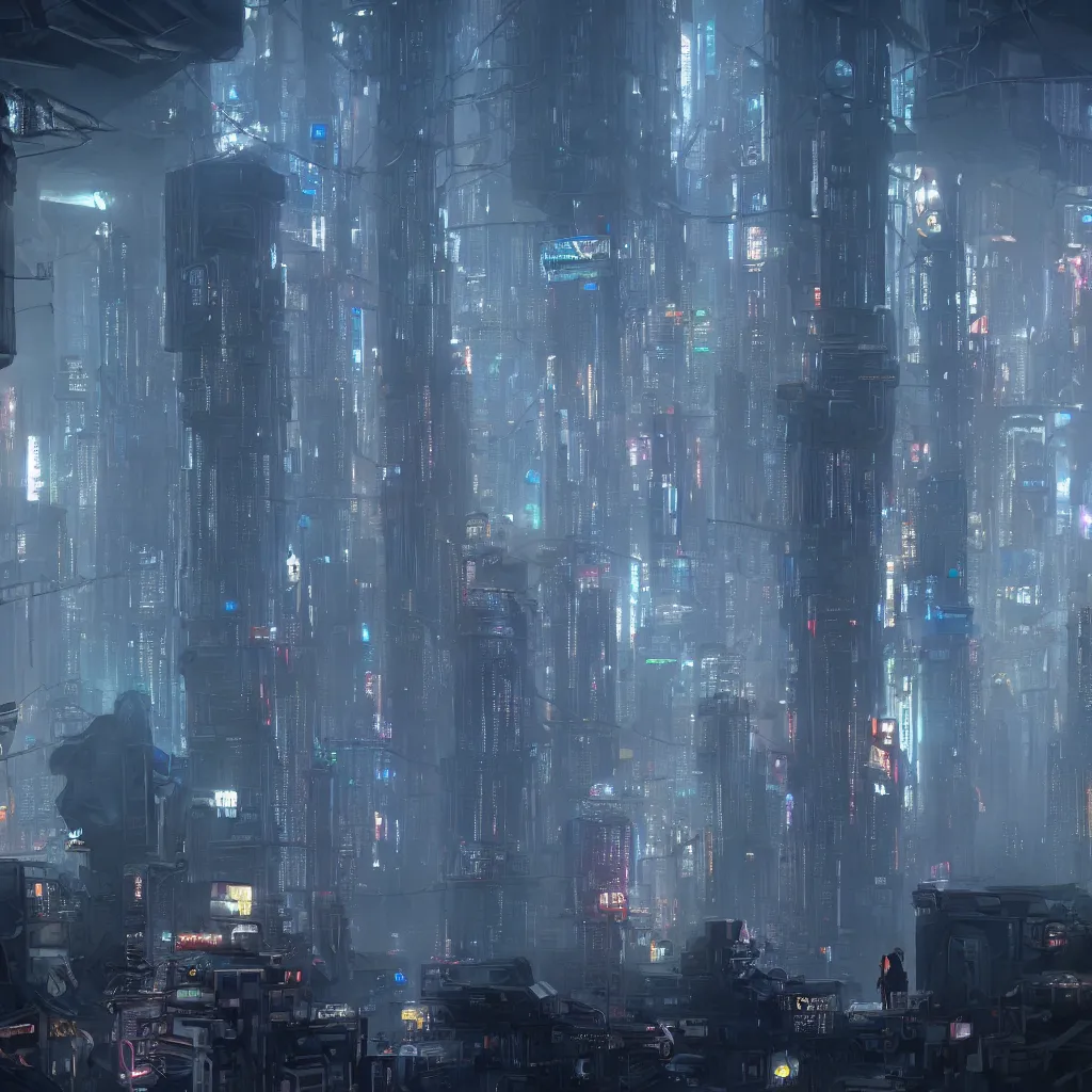 Prompt: photograph taken from the lowest level of a cyberpunk city with giant skyscrapers, unprecedented scale, mist, atmospheric, photorealistic, concept art