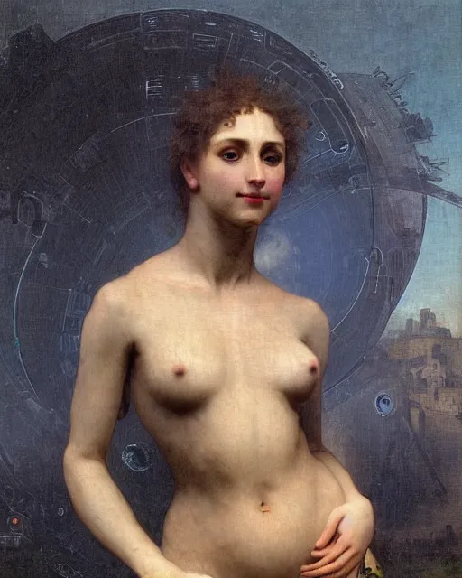 Image similar to portrait of venus with amazing solarpunk mecha humanoid robotic parts with led lights, pudica pose gesture, by bouguereau, ultra - realistic and intricate, hdr 8 k