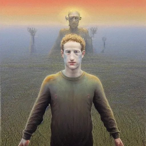 Image similar to mark zuckerberg as a zdzisław beksinski painting, epic,