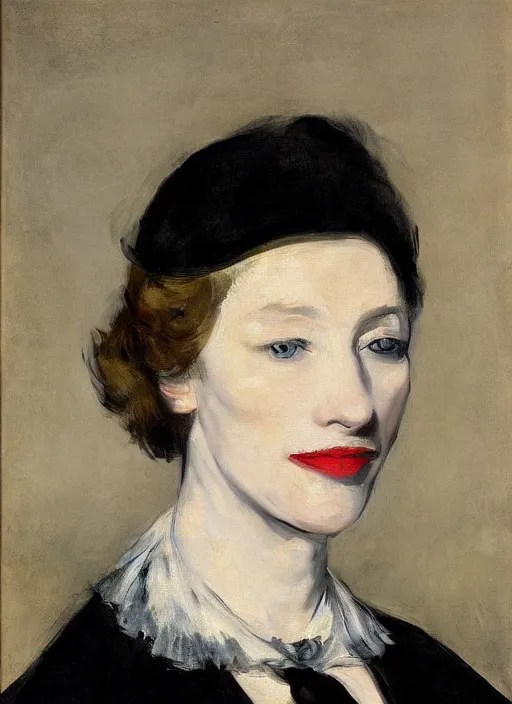 Image similar to An antique oil painting of cate blanchett by Manet, super detailed, photorealism, hd