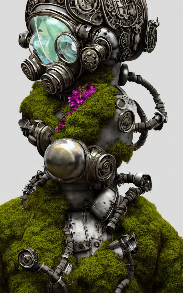 Prompt: 3 d close - up portrait of the retro futuristic robot in vintage gas mask in midsommar style clothes and crown overgrown with moss and giant orchid flowers and giant gladiola flowers, intricate, elegant, surrounded by smoke and burning. translucent nautilus, highly detailed, by wlop, glass, tooth wu, greg rutkowski, alena aenami