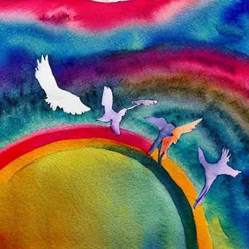 Prompt: dancing on top of a rainbow in the stratosphere, minimalist, watercolor, ink under paint, muted colors, birds - eye view. digital art, ue 5