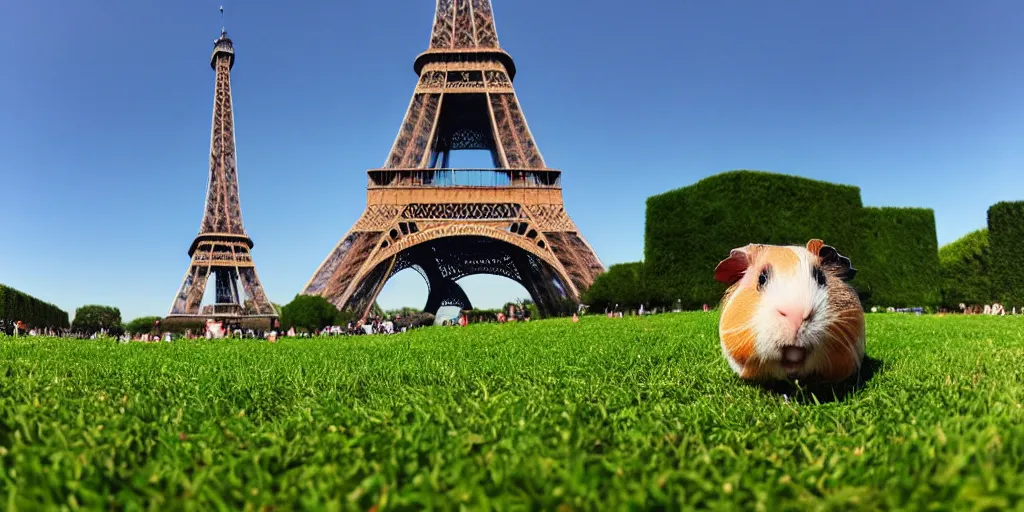 Prompt: a guinea pig sitting in the grass in front of the eiffel tower, smiling, photorealism, wide angle shot, 4 k