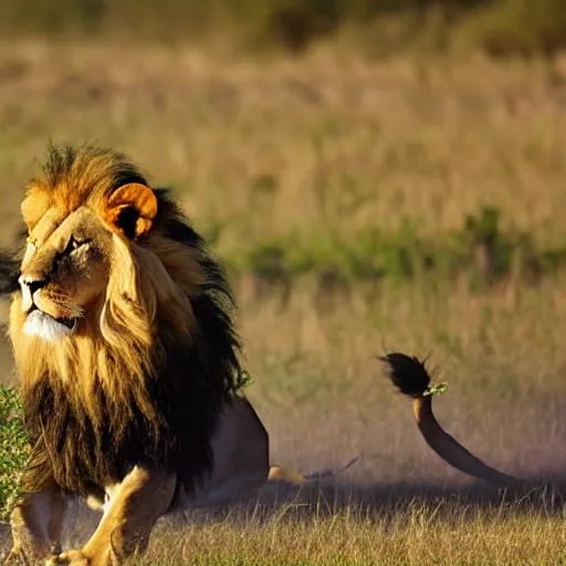 Prompt: lion hunting national geographic animal photography, action shot, 4 k, award winning, photo of the year