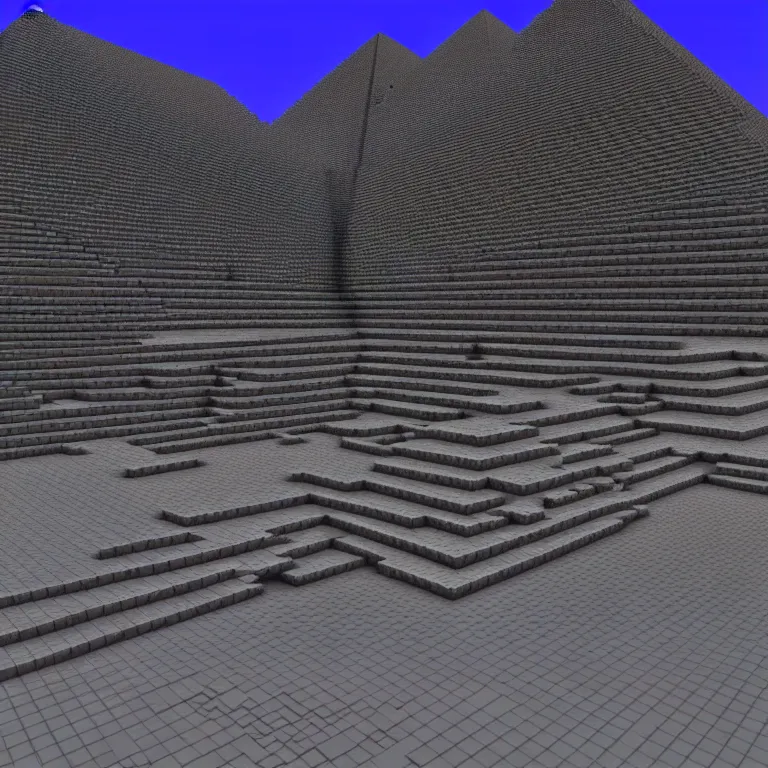 Image similar to A pyramid of gizah in minecraft style. Straight lines, corners, high detailed, details, ultra realistic, photorealism, 8k, wide shot, symmetrical, render, brutalism, rays of light, architecture, volumetric lighting, cinematic, shadows