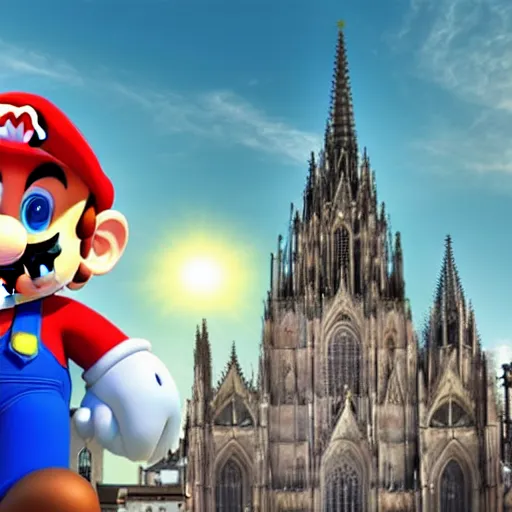 Image similar to super mario walking next to the cathedral of cologne, germany, volumetric lighting, sharp focus, ultra detailed, cgsociety - w 1 0 2 4 - n 8 - i