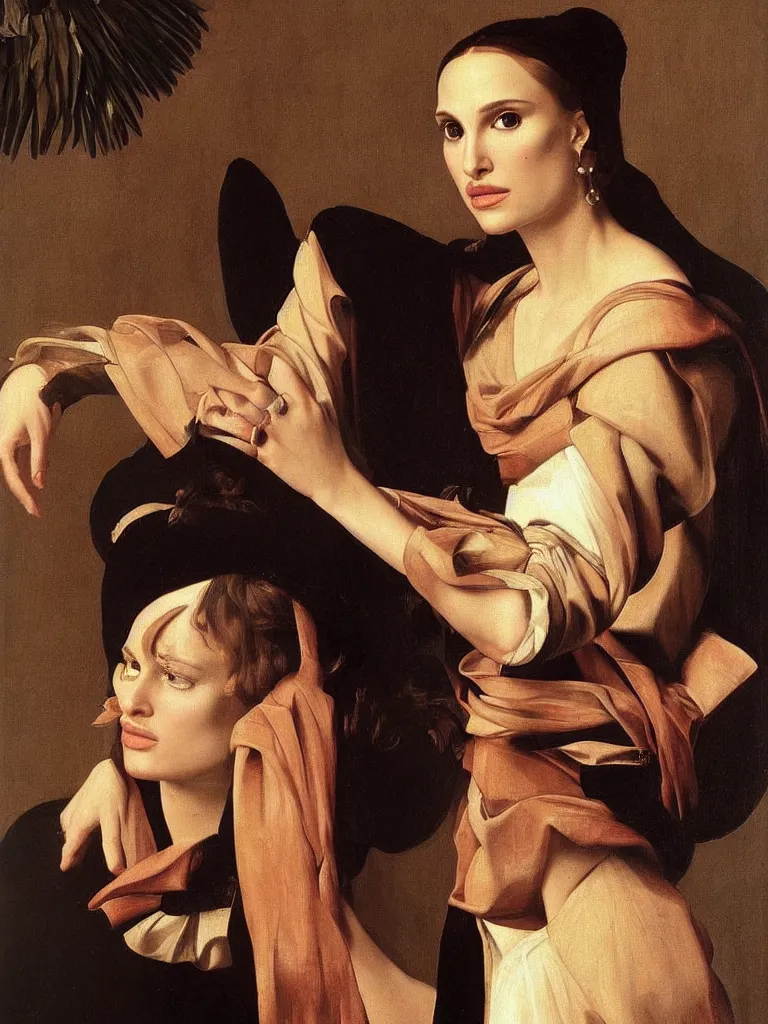 Image similar to a portrait of a Natalie Portman , beautiful clothes, oil painting in a renaissance style , very detailed, painted by Caravaggio.