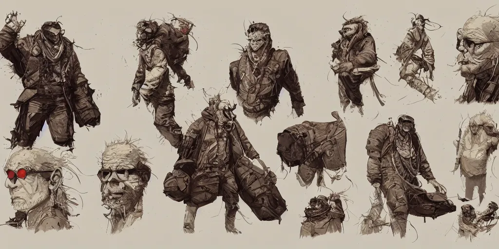 Prompt: Neil Young design, character sheet, kim jung gi, Greg Rutkowski, Zabrocki, Karlkka, Jayison Devadas, Phuoc Quan, trending on Artstation, 8K, ultra wide angle, zenith view, pincushion lens effect