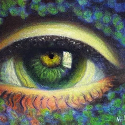 Image similar to highly detailed painting, intricate deep focus, smooth lighting, of a feminine eye by magalie villeneuve and claude monet