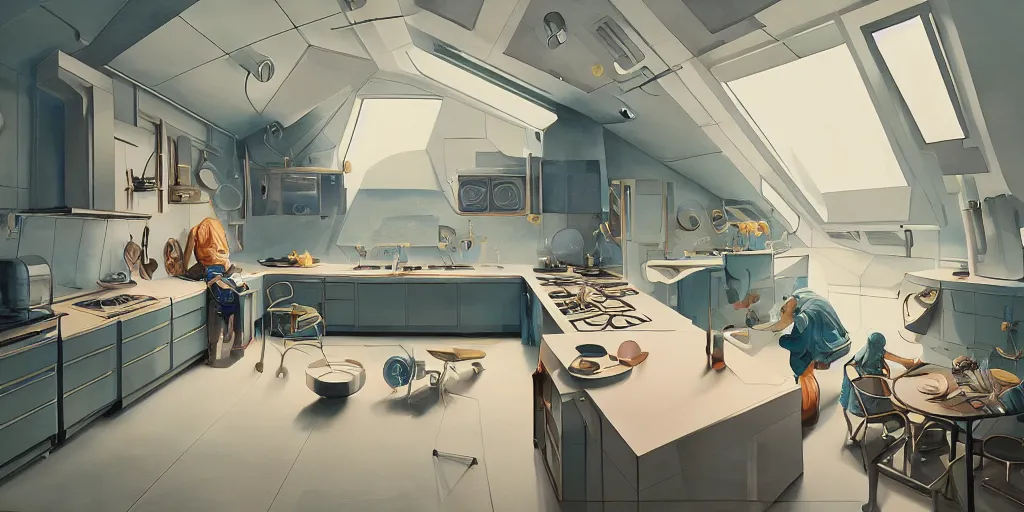 Image similar to a beautiful illustration of futuristic kitchen, lots of furniture, big medium small, sacred geometry, golden ratio, in watercolor gouache detailed paintings, in style of syd mead, trending on artstation, 8 k, panel, hard surface, wallpaper, zaha hadid, scattered props, plant, cozy, decoration, simon stalenhag, wes anderson, cyberpunk, insanely detailed