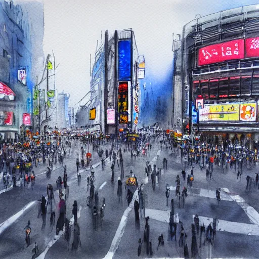 Prompt: shibuya crossing, water color painting