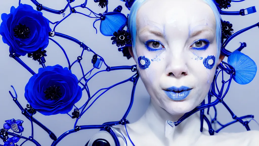 Prompt: symmetrical close - up portrait of a woman wearing a translucent silicone beauty mask and blue hair, wearing a black bodysuit by alexander mcqueen, plastic translucent flowers, white background, soft diffused light, biotechnology, humanoide robot, bjork aesthetic, translucent, intricate details, highly detailed, masterpiece,