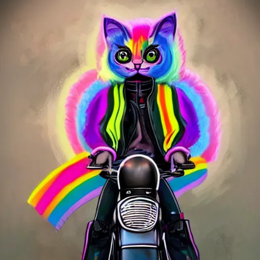 Image similar to wide angle full body, jacket wearing fluffy cute rainbow kitten wearing a black leather motorcycle jacket, cinematic concept art