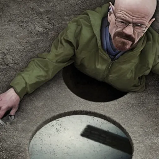 Prompt: Walter white halfway in a sewer