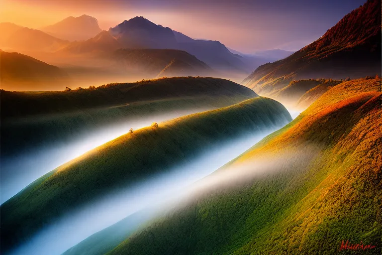 Image similar to landscape photography of fundatura ponorului by marc adamus, morning, mist, rays of light, beautiful