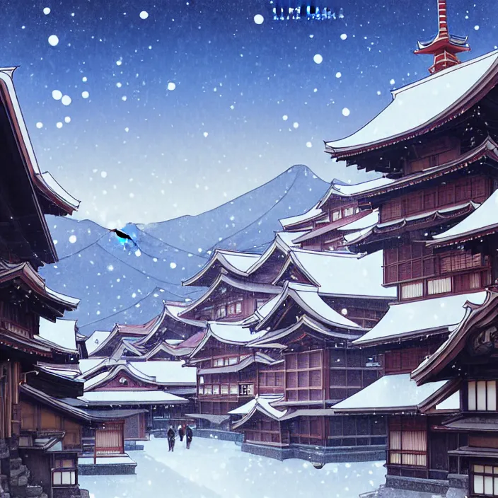 Image similar to empty japanese mountain city, winter, in the style of studio ghibli, j. c. leyendecker, greg rutkowski, artem