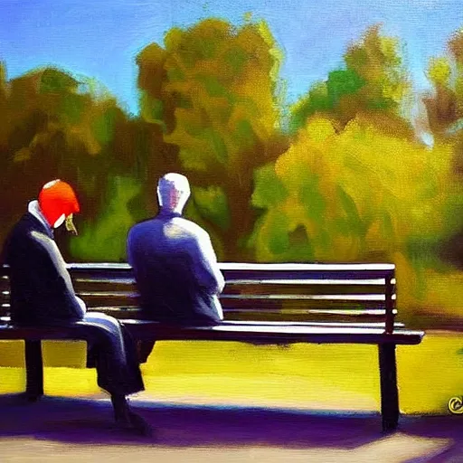 Prompt: man sitting on park bench next to the grim reaper peaceful oil painting by Greig Fraser sunny afternoon