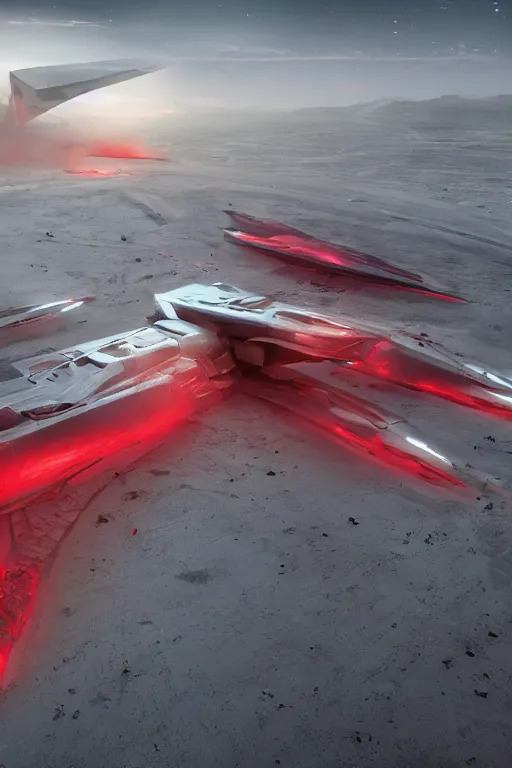 Prompt: professional photograph of a crashed neo - futuristic simplified symmetrical stealth fighter by ilm, denis villeneuve, emmanuel shiu, zaha hadid, dust, vapor, cinematic desert scene, red paint detail, manga, dramatic, volumetric, concept art, hard surface, hyperrealism, high detail, trending on artstation, sharp focus, rendered in octane