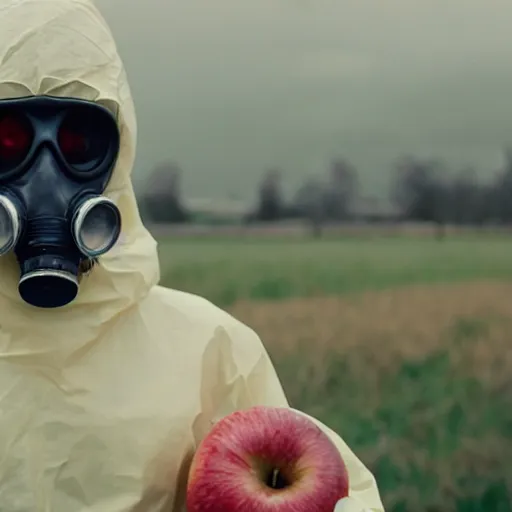 Prompt: a man wearing a hazmat suit and gasmask holding an apple, film still, cinematic, enhanced