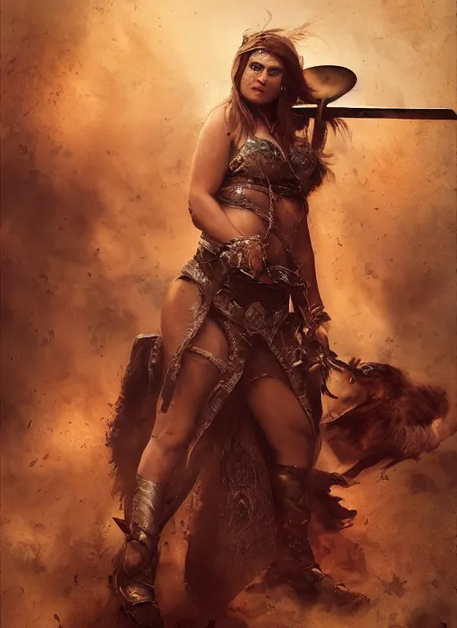 Image similar to hyper realistic photography portrait of pagan medieval festival warrior curvy partygirl cinematic, vallejo, julie bell, craig mullins greg rutkowski,