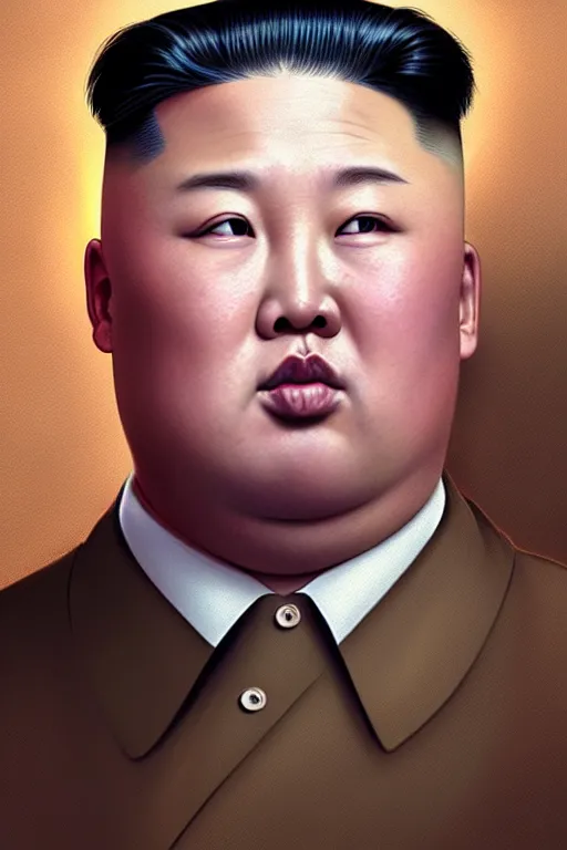 Image similar to putin with the iconic kim jong un hairstyle, realistic portrait, symmetrical, highly detailed, digital painting, artstation, concept art, smooth, sharp focus, illustration, cinematic lighting, art by artgerm and greg rutkowski and alphonse mucha