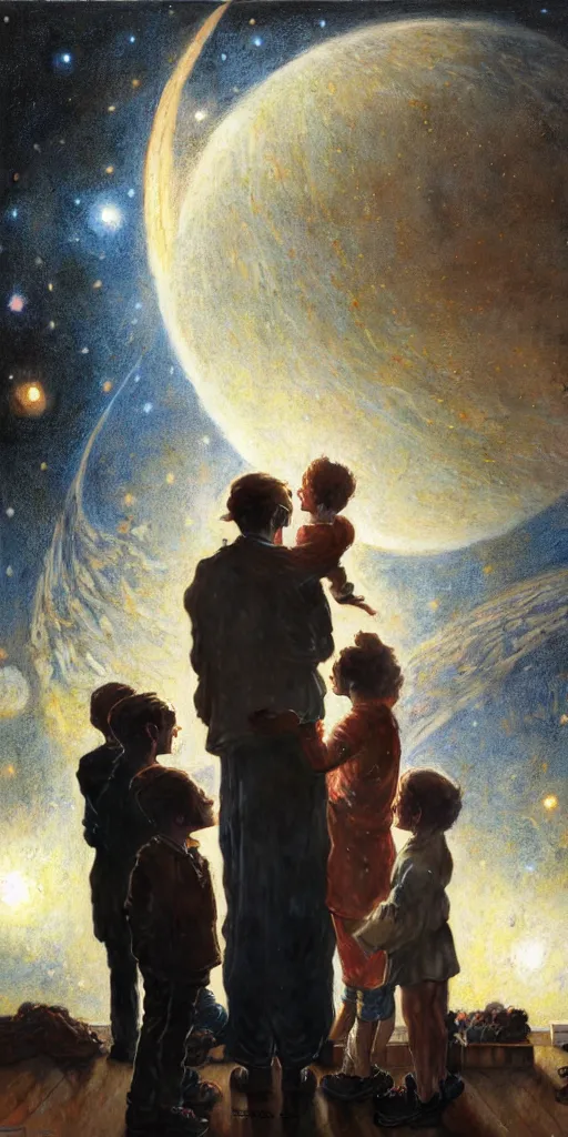 Image similar to a mother a father and 8 children looking at the wall of their bedroom and seeing the universe full of galaxies and planets, imagination, part by norman rockwell, part by greg rutkowski, part by mattias adolfsson, high angle, ( ( ( ( volumetric lighting ) ) ) ), oil on canvas