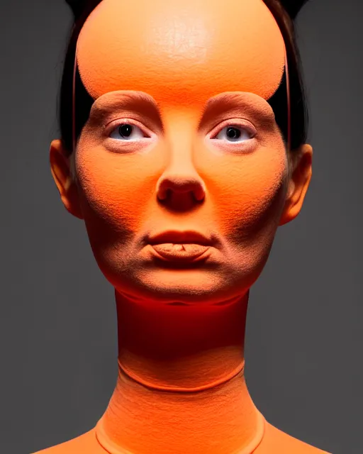 Image similar to symmetrical close - up portrait of a woman wearing a orange silicone beauty mask and hair buns, wearing a black bodysuit by alexander mcqueen, cream white background, soft diffused light, biotechnology, humanoide robot, bjork aesthetic, translucent, by rineke dijkstra, intricate details, highly detailed, masterpiece,