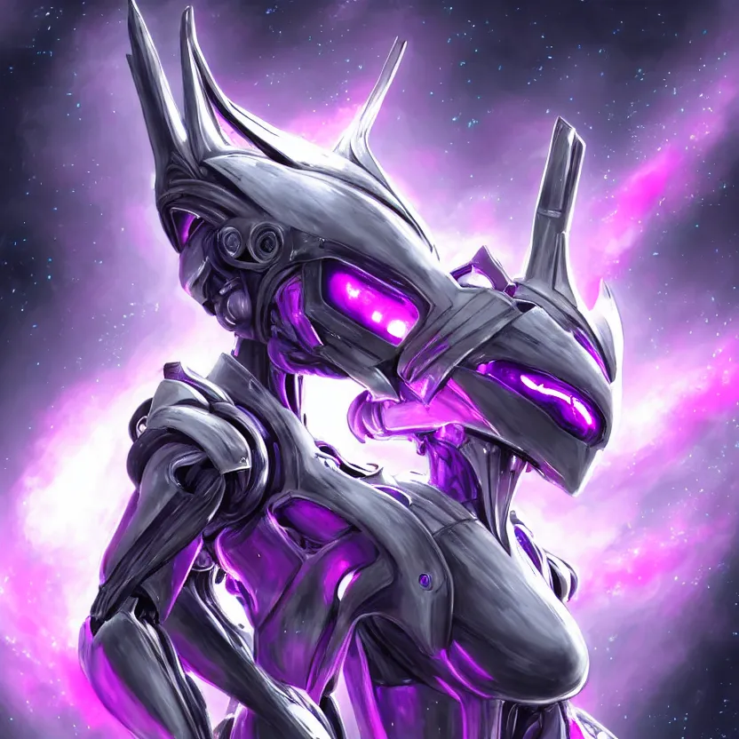 Image similar to cinematic bust shot, cosmic sized proportional stunning beautiful hot female warframe, detailed robot mecha female dragon head, metal ears purple eyes, sleek silver armor, fuschia skin, floating in empty space, nebula sized, posing elegantly, epic proportions, epic size, epic scale, furry art, dragon art, giantess art, warframe fanart, furaffinity, deviantart