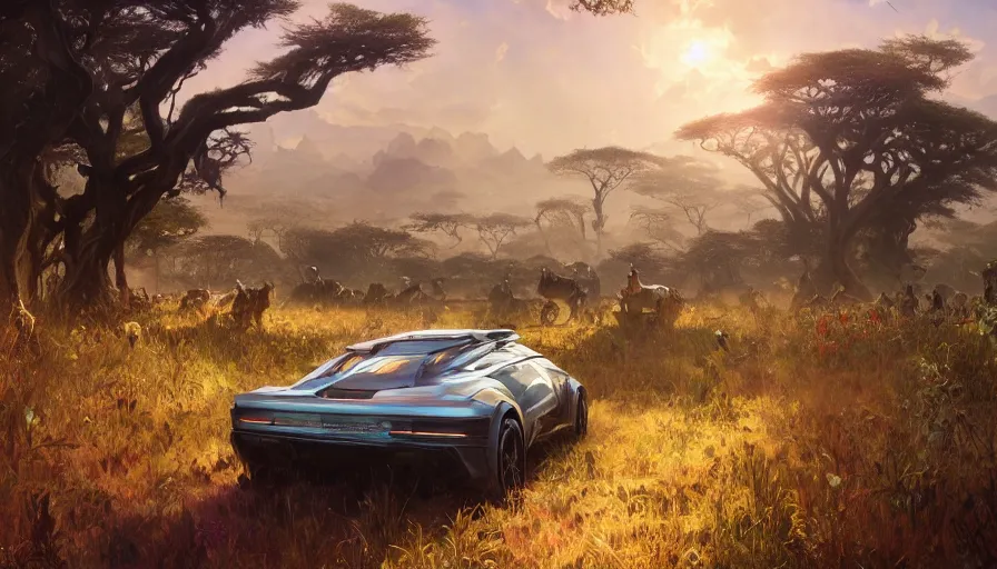 Image similar to the car dolorean, through the african savannah, artgerm and greg rutkowski and alphonse mucha, an epic fantasy, volumetric light, detailed, establishing shot, an epic fantasy, trending on art station, octane render, midsommar