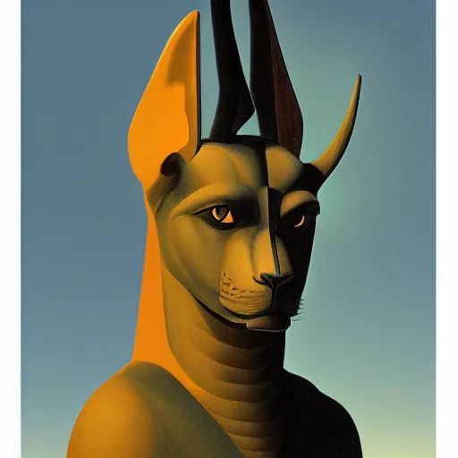 Image similar to Anubis by Raphael, Hopper, and Rene Magritte. detailed, romantic, enchanting, trending on artstation.