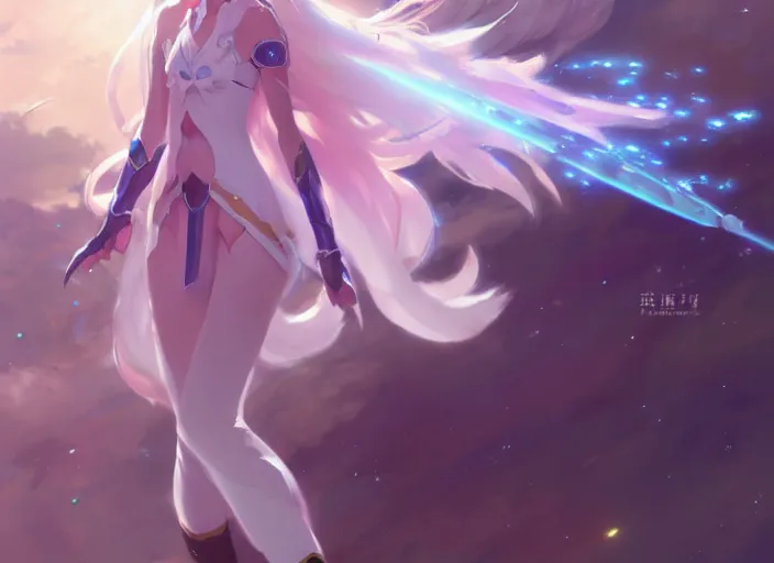 Prompt: a female space mage with long white hair, star guardian inspired, perfect art, trending on pixiv, painted by greg rutkowski makoto shinkai takashi takeuchi, akihiko yoshida