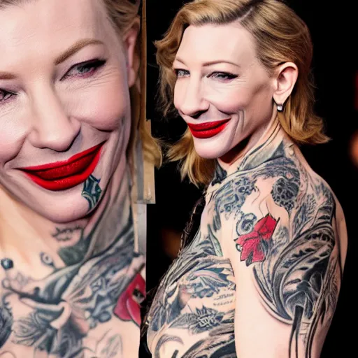 Prompt: full body tattooed cate blanchett with golden teeths 4k