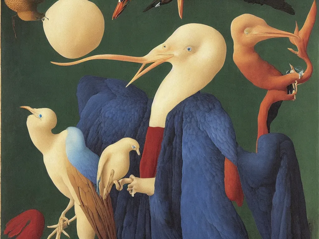 Prompt: Portrait of albino mystic with blue eyes, with exotic hoopoe. Painting by Jan van Eyck, Audubon, Rene Magritte, Agnes Pelton, Max Ernst, Walton Ford