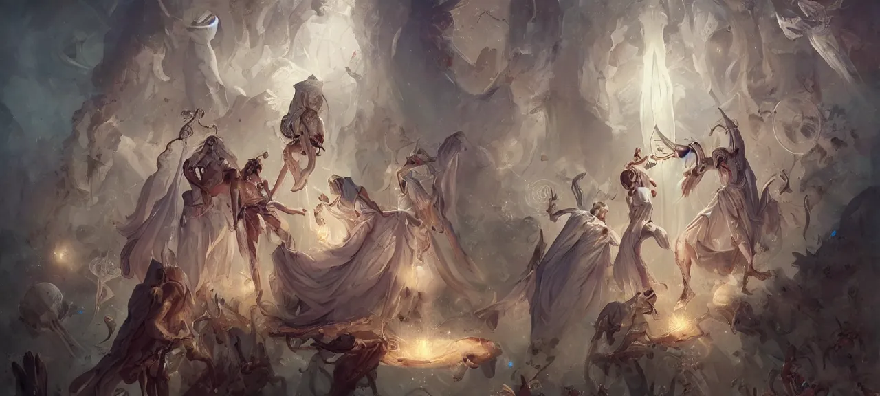 Prompt: angelical time keepers in sacred clothes performing a ritual of planetary sacrifice, emotional, fantastic, stars, tarot, detailed, realistic, digital art, trending on artstation by peter mohrbacher, greg rutkowski and artgerm