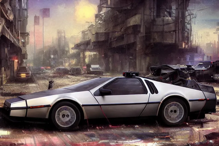 Image similar to photograph of the delorean, with a sleek spoiler, driving down the streets of a cyberpunk abandoned city, by greg rutkowski, by stanley artgerm, by alphonse mucha