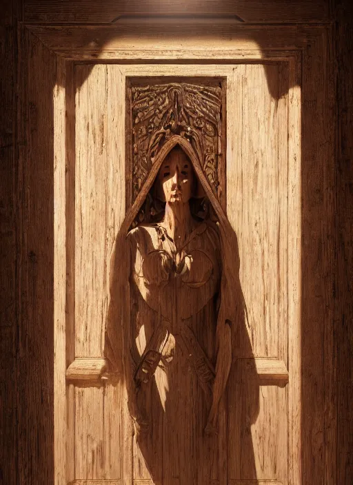 Prompt: a wooden womans faced carved into a wooden door, intricate Details, raphael lacoste, eddie mendoza, alex ross, john howe, concept art, matte painting, highly detailed, rule of thirds, dynamic lighting, cinematic, detailed, denoised, centerd, clean render