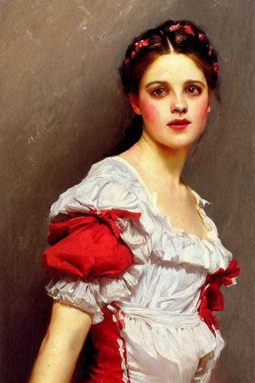 Prompt: Louis Marie De Schryver and Solomon Joseph Solomon and Richard Schmid and Jeremy Lipking victorian genre painting full length portrait painting of a young beautiful woman traditional german french barmaid in fantasy costume, red background