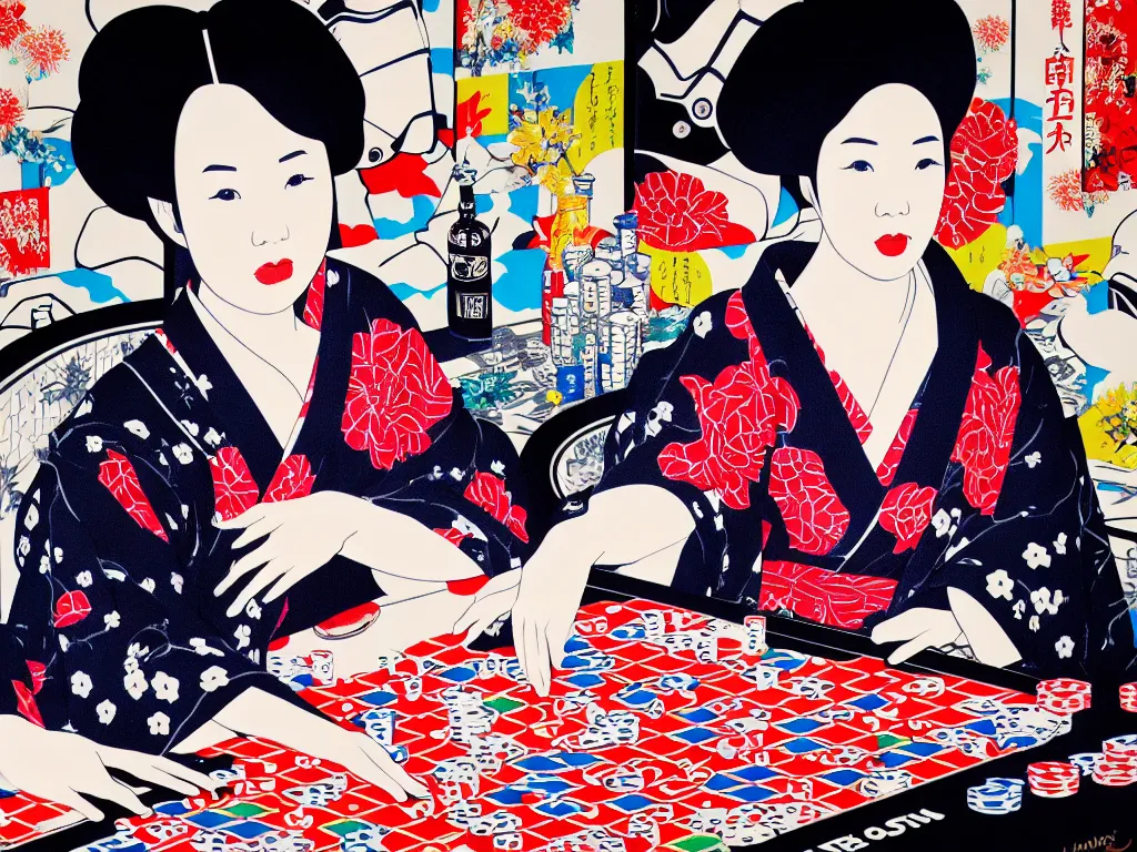 Image similar to hyperrealism composition of the detailed single woman in a japanese kimono sitting at an extremely detailed poker table with stormtrooper, fireworks, river on the background, pop - art style, jacky tsai style, andy warhol style, acrylic on canvas