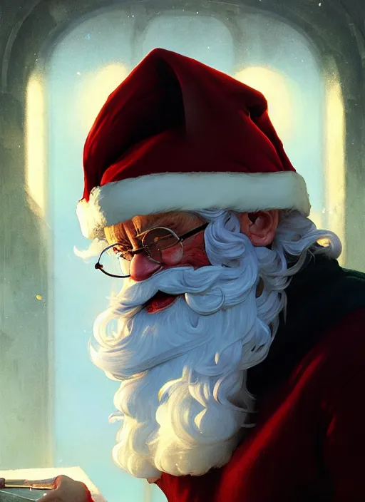 Image similar to Highly detailed portrait of santa claus vampire, in GTA V, Stephen Bliss, unreal engine, fantasy art by Greg Rutkowski, Loish, Rhads, ferdinand knab, Makoto Shinkai and Lois van baarle, ilya kuvshinov, rossdraws, Tom Bagshaw, alphonse mucha, global illumination, radiant light, detailed and intricate environment