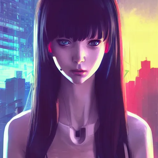 Image similar to A comic potrait of a cyberpunk cyborg girl with big and cute eyes, fine-face, realistic shaded perfect face, fine details. Night setting. Very anime style. Realistic shaded lighting poster by Ilya Kuvshinov katsuhiro, magali villeneuve, artgerm, Jeremy Lipkin and Michael Garmash, Rob Rey and Kentarõ Miura style, trending on art station