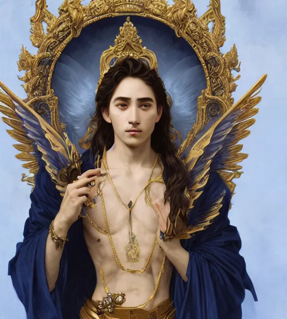 Image similar to god of death, young man, in the underworld, elegant dark blue dress, very detailed, throne, very intricate details, jewelry, gold line tattoos, elaborate long hairstyle, wings, cinematic, artstation, william bouguereau, alphonse mucha, greg rutkowski, rossdraws, octane render