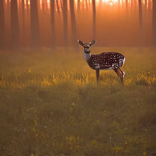 Image similar to a beautiful spotted deer in the woods lit by the morning sky, sunrise, chital, photorealistic, by annie leibovitz and steve mccurry, natural light, canon eos c 3 0 0, ƒ 1. 8, 3 5 mm, 8 k, medium - format print