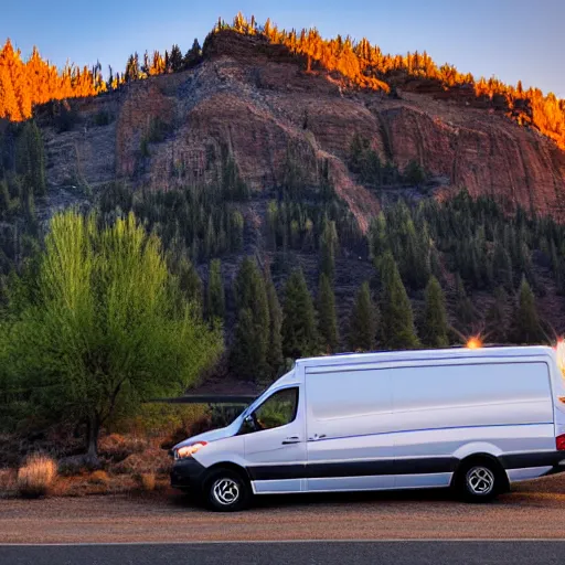 Image similar to a sprinter van in central oregon at sunset