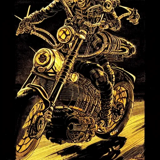 Image similar to infernal motorbikers, atmospheric lighting, painted, intricate, golden hour, ultra detailed by philippe druillet